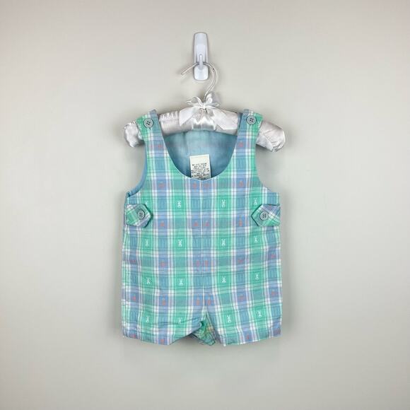 Vintage Green Blue Bunny Shortall Romper 9 Months USA - Picture 1 of 7